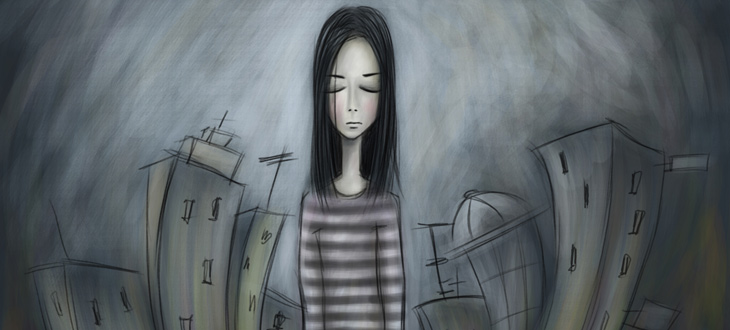 یک تصاویر نقاشی شده از یک دختر که احتمالا اختلال افسردگی اساسی یا افسردگی ماژور دارد در خیابان با ساختمان های مختلف